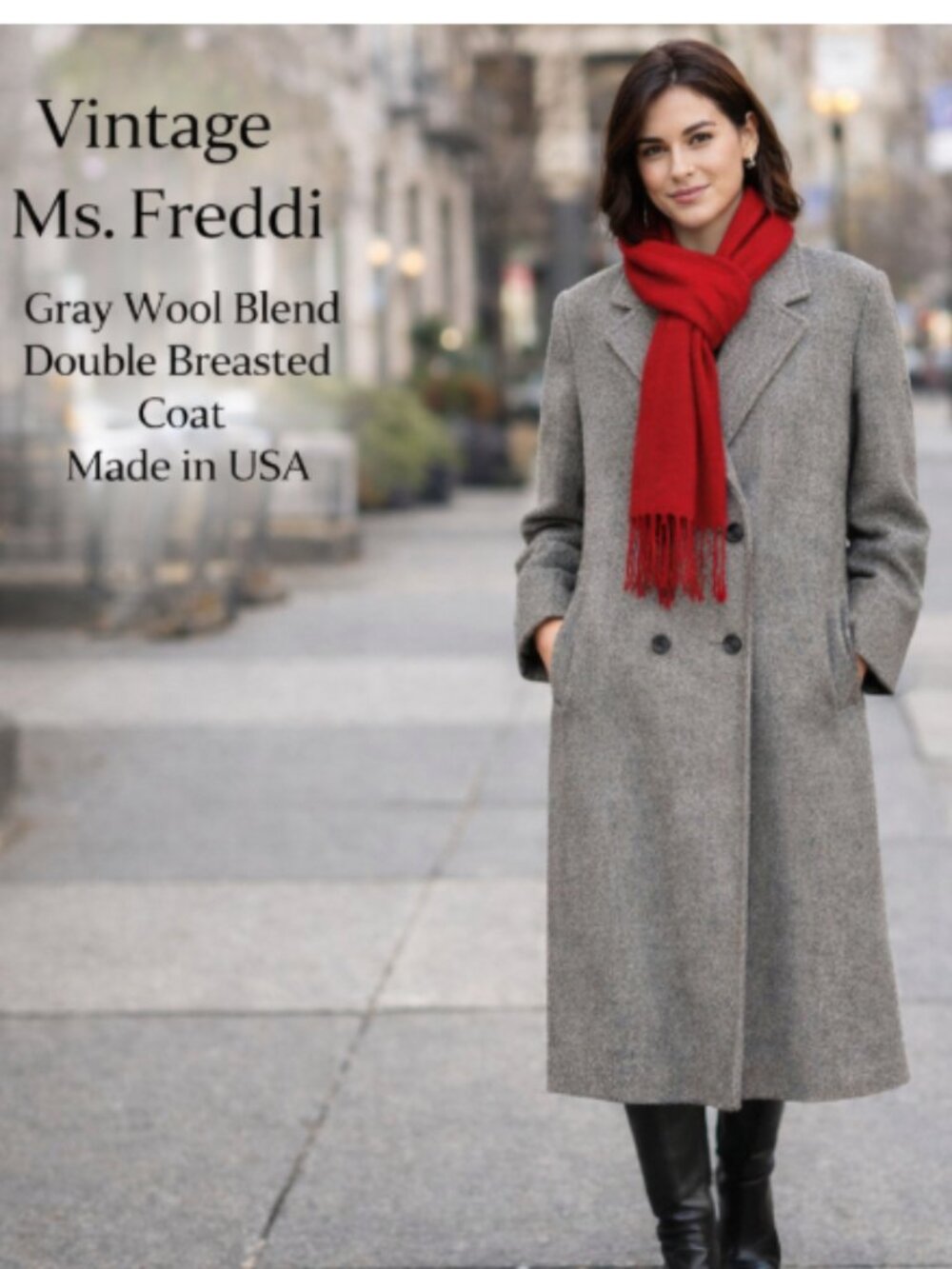 Vintage Ms. Freddi Gray Herringbone Wool Blend Coat Size M Office Academia 80s